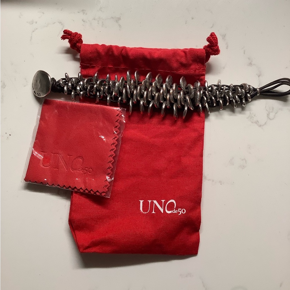 UNO De 50 Silver Plate And Leather Bracelet